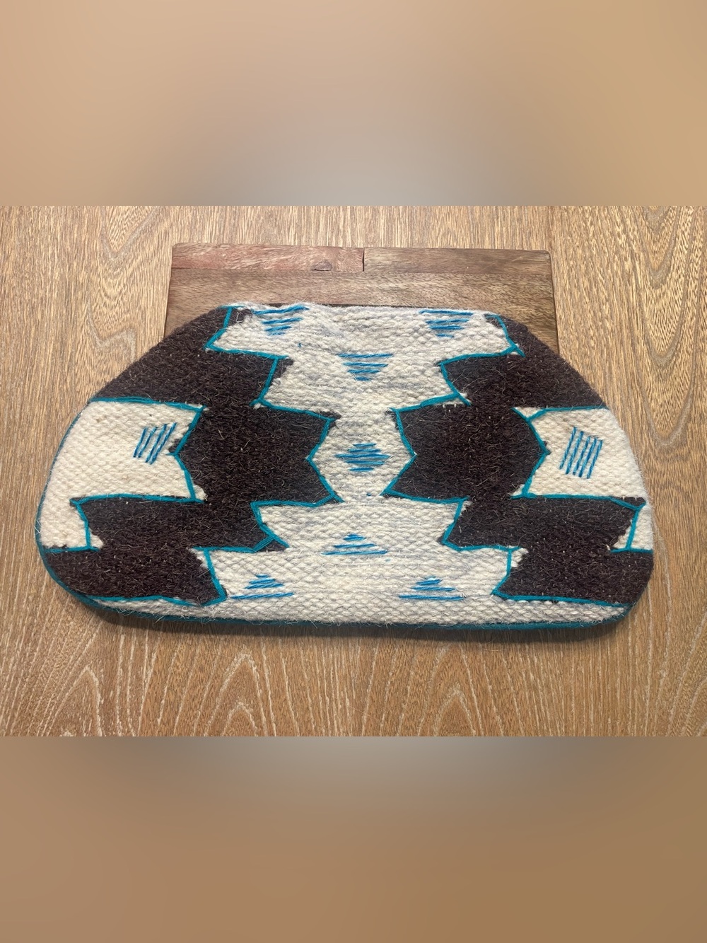 Geometric Pattern Clutch in Black, White & Teal